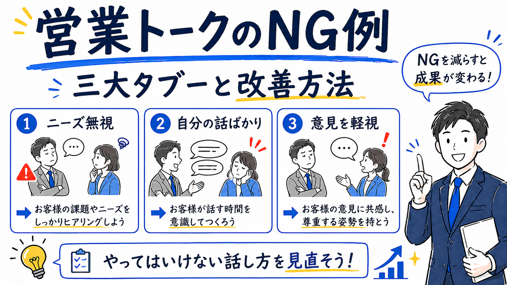 営業で好印象を与える話し方やコミュニケーション習慣を解説したホワイトボード風イラスト