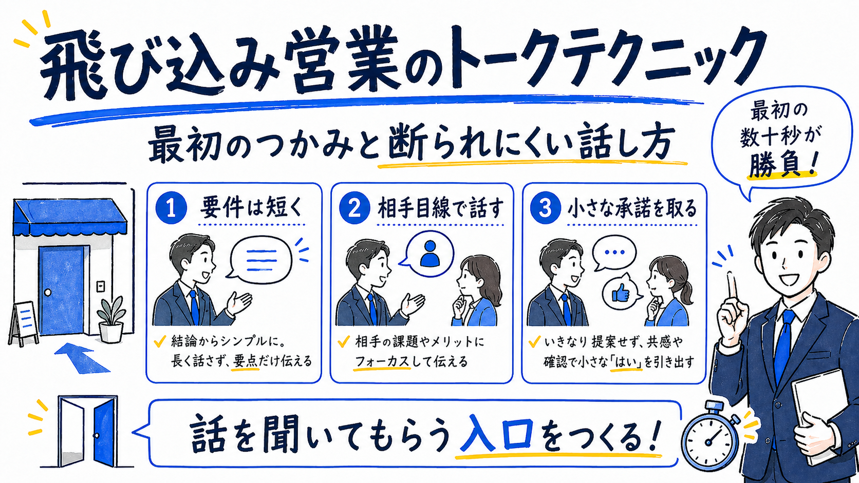 テレアポや飛び込み営業で使えるトークテクニックを解説したホワイトボード風イラスト