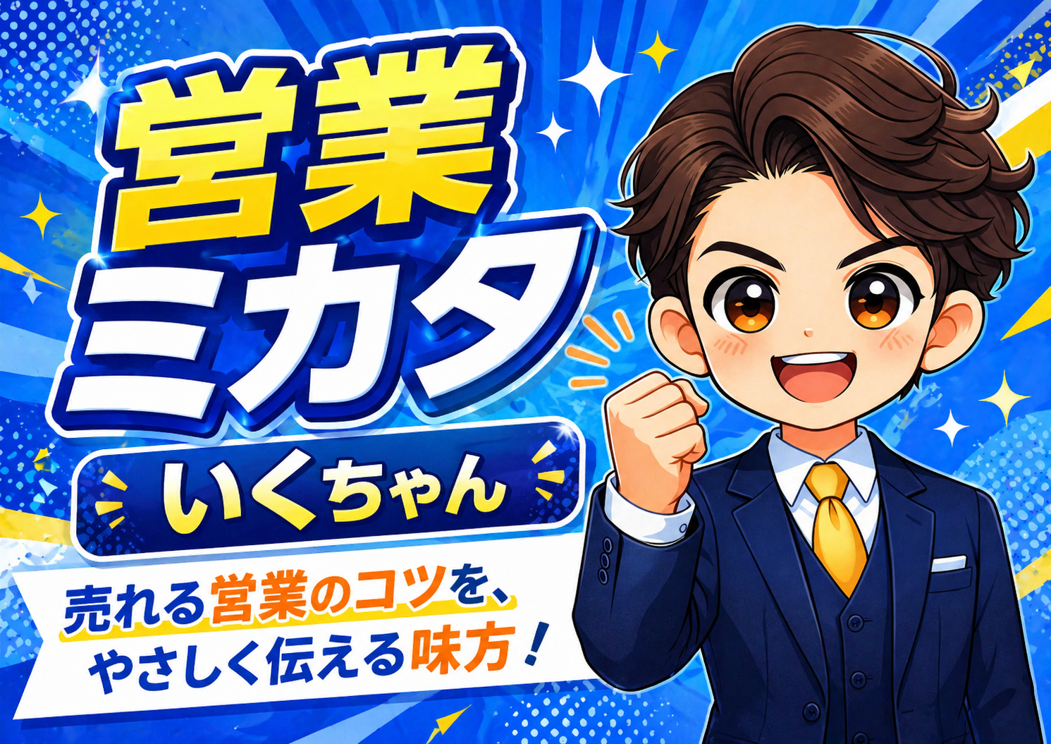 営業ミカタの運営者「いくちゃん」を紹介するアイキャッチ画像。スーツ姿のアバターと「営業ミカタ」のタイトルを使ったプロフィール用バナー。
