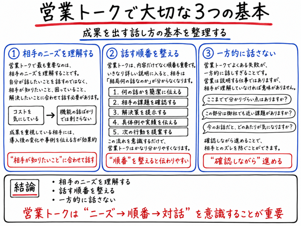 営業トークで大切な3つの基本を、相手のニーズを理解する・話す順番を整える・一方的に話さないの3つの観点で解説したホワイトボード風イラスト