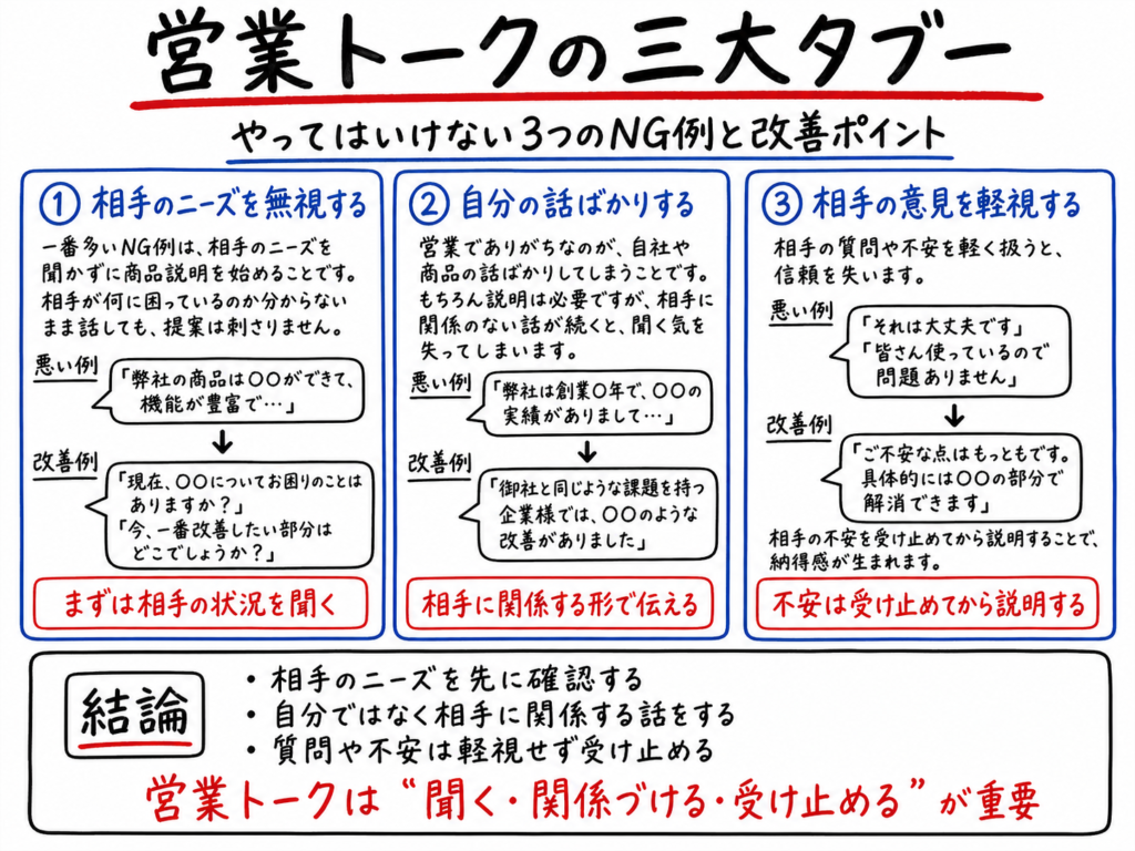 営業トークの三大タブーを、相手のニーズを無視する・自分の話ばかりする・相手の意見を軽視するの3つのNG例と改善ポイントで解説したホワイトボード風イラスト