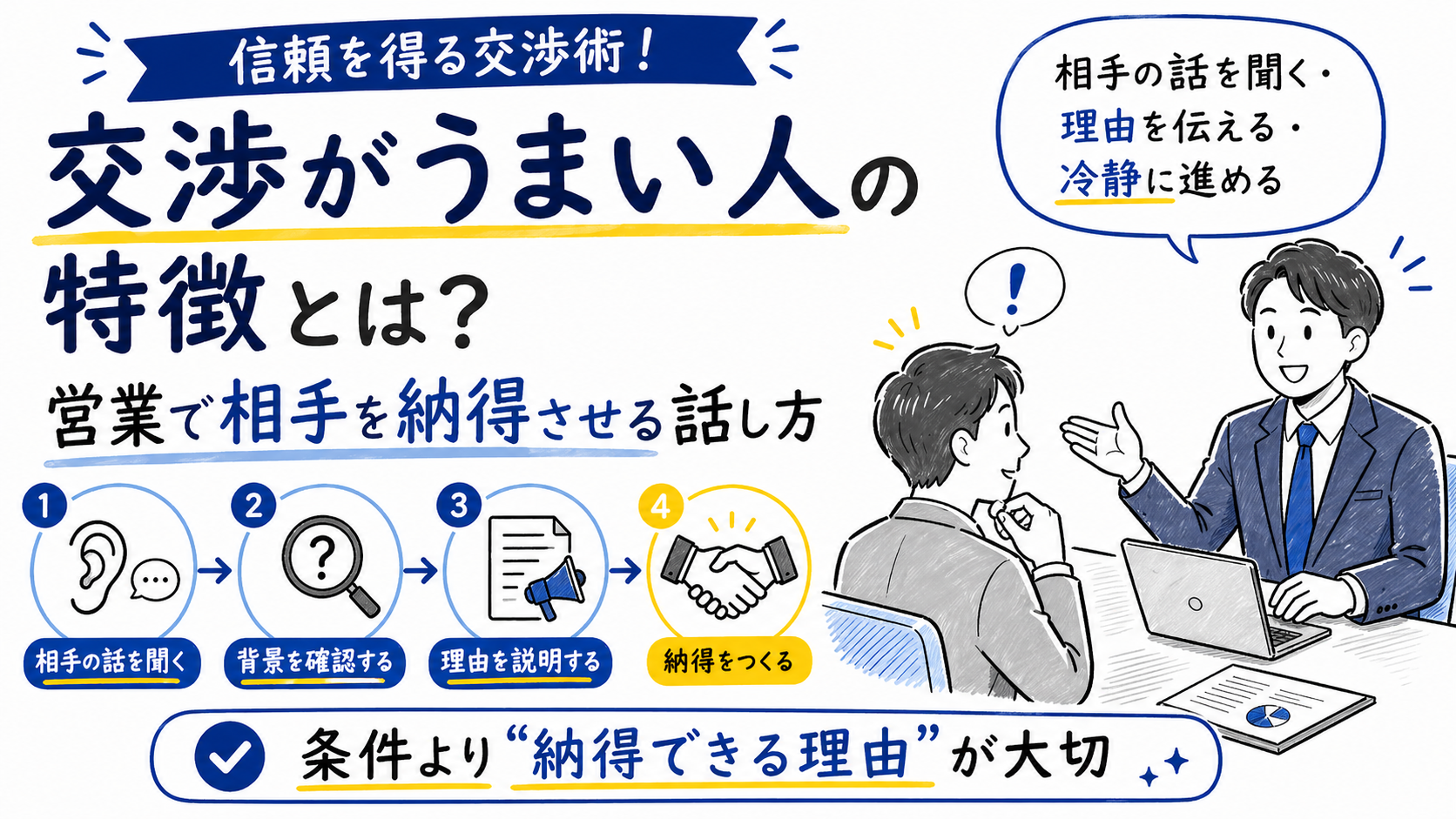 交渉がうまい人の特徴と営業で相手を納得させる話し方を解説したホワイトボード風イラスト