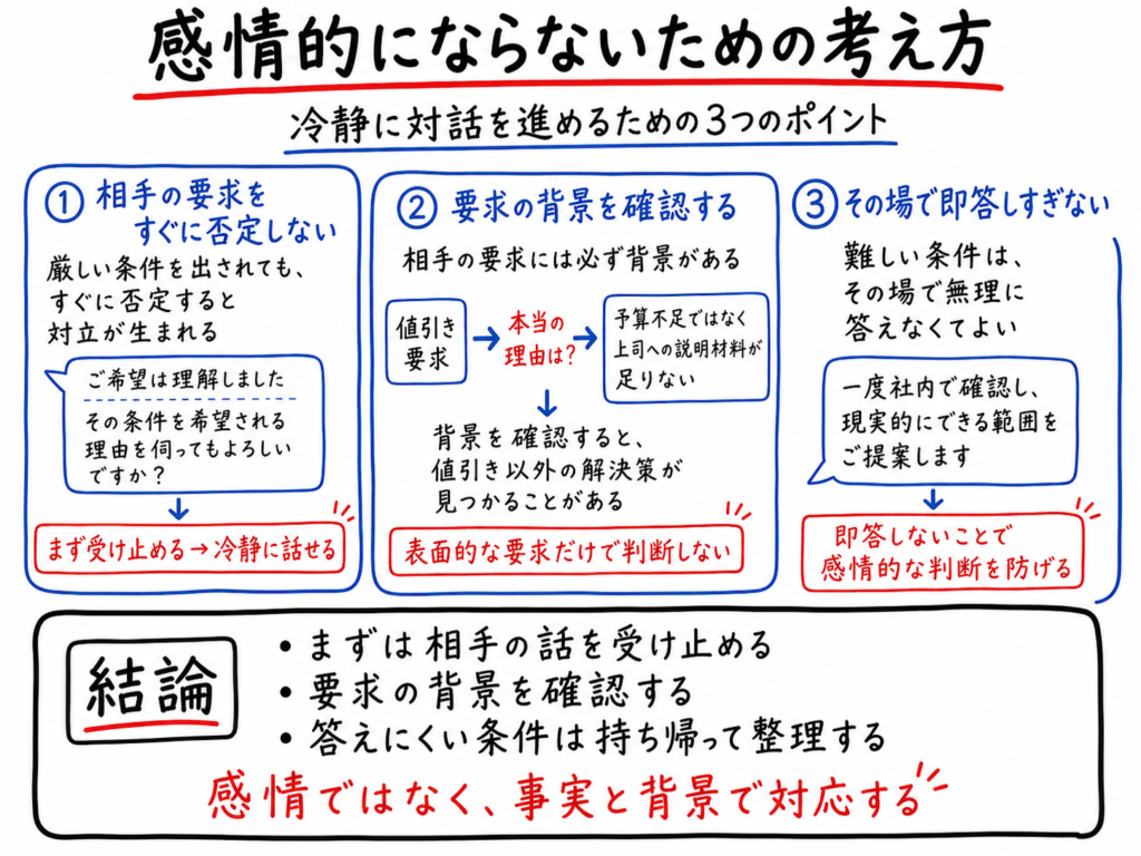 感情的にならないための考え方を、相手の要求を否定しない・背景を確認する・その場で即答しすぎないの3つのポイントで解説したホワイトボード風イラスト