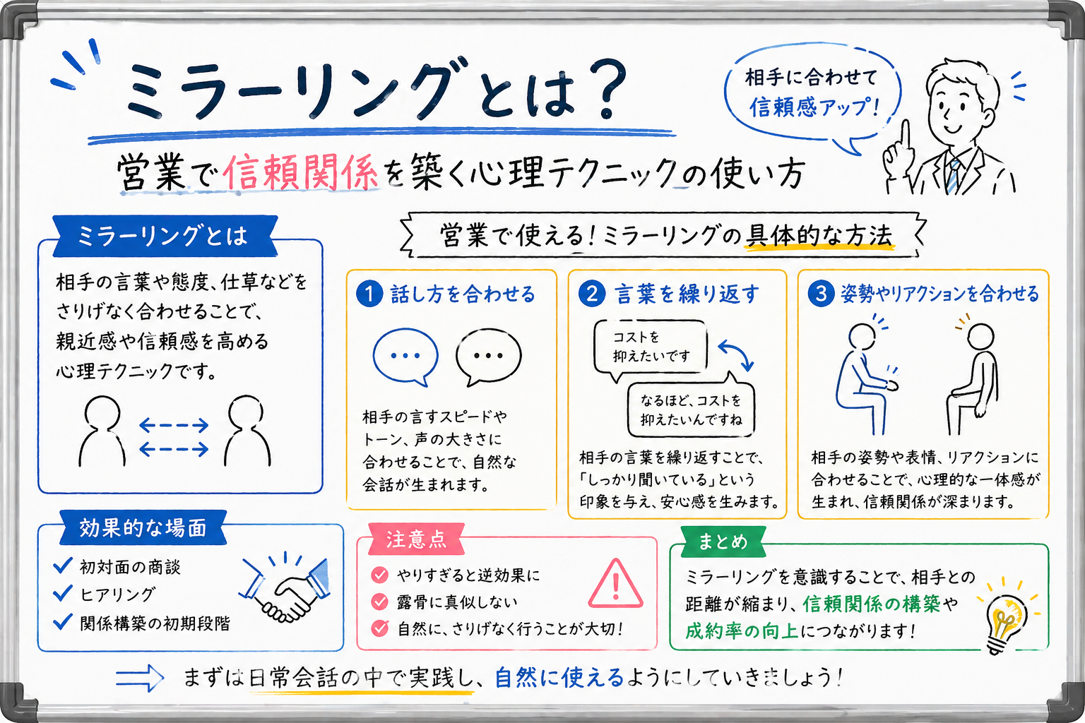 ミラーリングとは何かを営業での使い方と具体例で解説したホワイトボード風イラスト