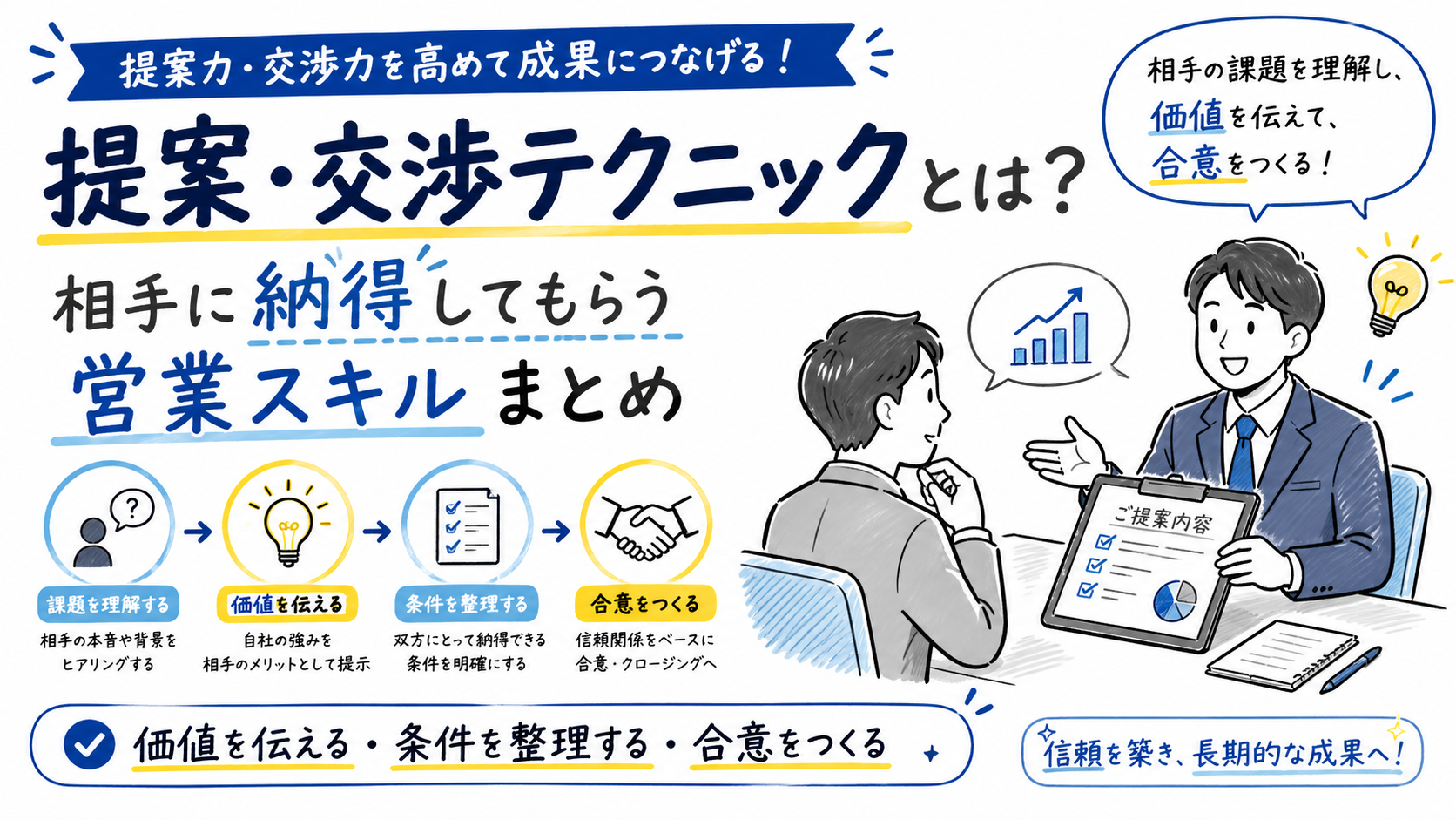 交渉がうまい人の特徴と営業で相手を納得させる話し方を解説したホワイトボード風イラスト