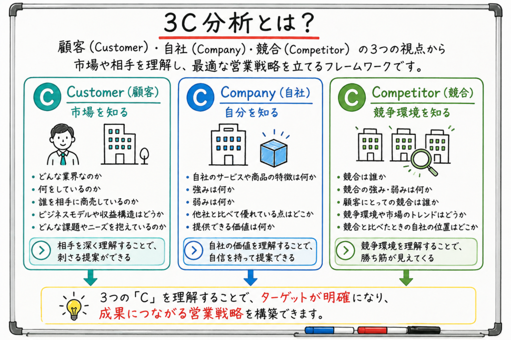 営業における3C分析（顧客・自社・競合）の考え方と、それぞれの視点からターゲットと営業戦略を明確にする流れを示した図解