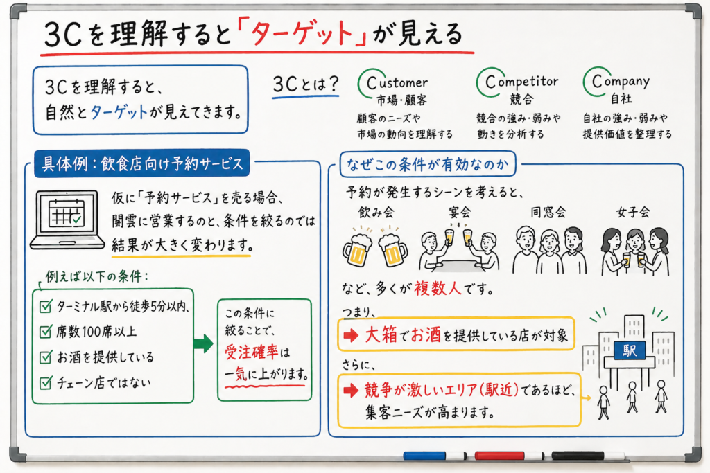 3C分析により営業のターゲットが明確になる考え方と、飲食店向け予約サービスの具体例を示した図解