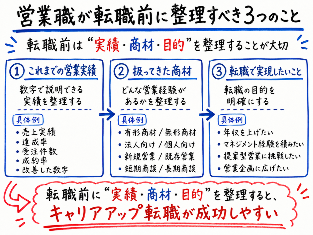 営業職が転職前に整理すべき3つのこととして、これまでの営業実績、扱ってきた商材、転職で実現したいことを解説したホワイトボード風イラスト