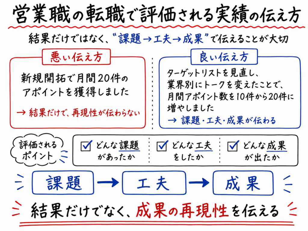 営業職の転職で評価される実績の伝え方を、悪い伝え方と良い伝え方の比較、課題・工夫・成果の流れで解説したホワイトボード風イラスト