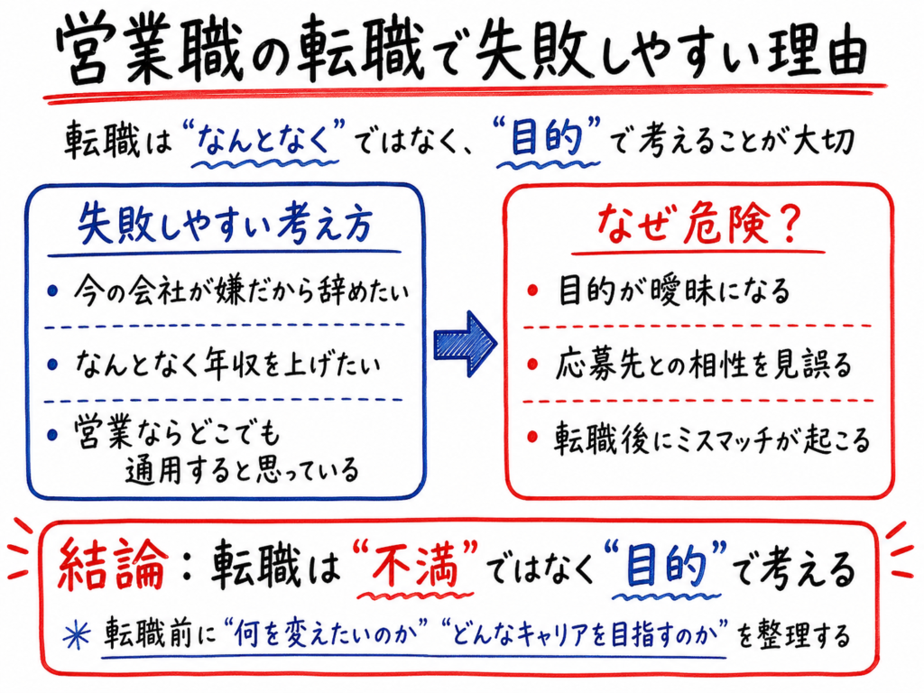 営業職の転職で失敗しやすい理由を、失敗しやすい考え方と転職後に起こりやすいミスマッチの観点で解説したホワイトボード風イラスト