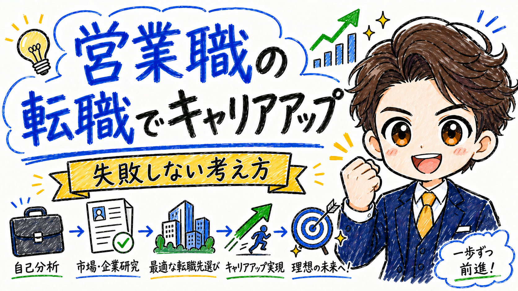 営業職の転職でキャリアアップする方法と失敗しない考え方を解説したホワイトボード風イラスト