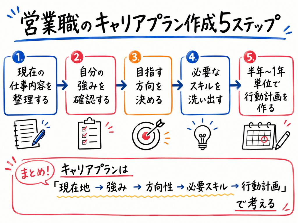 営業職のキャリアプランの作り方を、現在の仕事内容を整理する、自分の強みを確認する、目指す方向を決める、必要なスキルを洗い出す、半年から1年単位で行動計画を作るの5ステップで解説したホワイトボード風イラスト