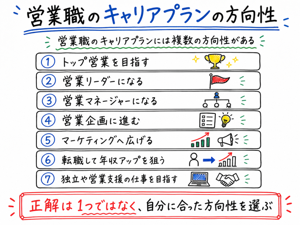 営業職のキャリアプランの方向性を、トップ営業、営業リーダー、営業マネージャー、営業企画、マーケティング、転職、独立・営業支援の7つの選択肢で整理したホワイトボード風イラスト