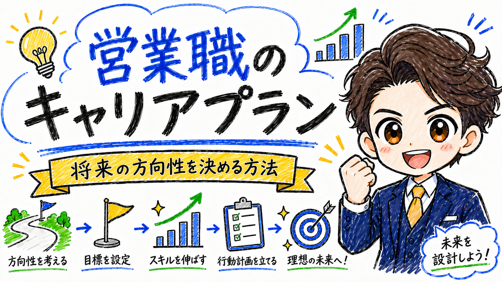 営業職のキャリアプランの作り方と将来の方向性を決める方法を解説したホワイトボード風イラスト