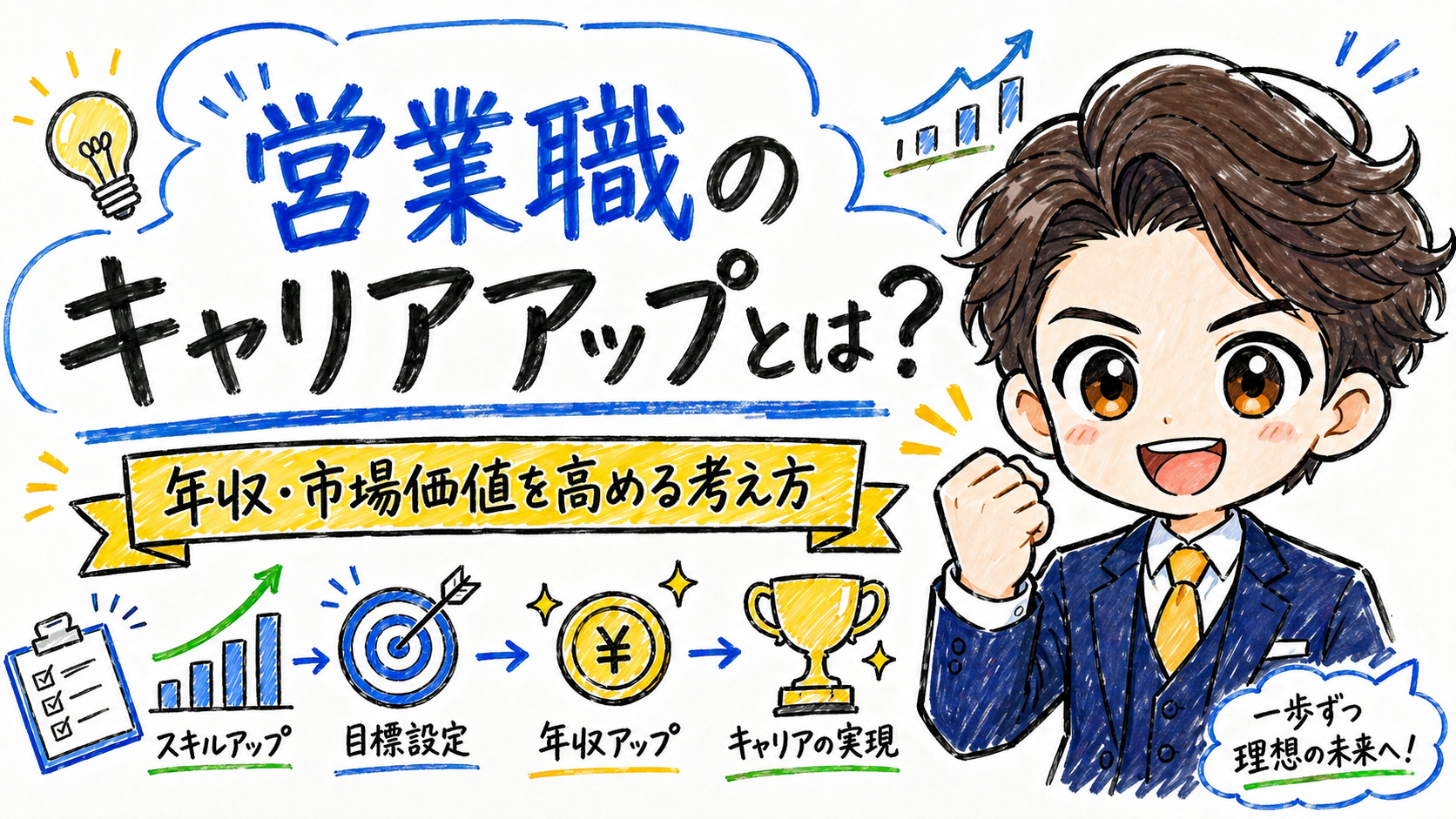 営業職のキャリアアップについて年収や市場価値を高める考え方を解説したホワイトボード風イラスト