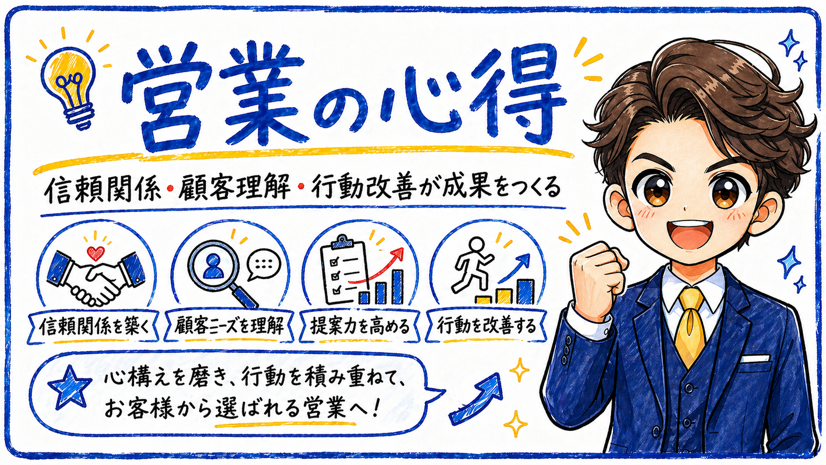 営業の心得として、信頼関係・顧客理解・行動改善の重要性をホワイトボード風に解説したアイキャッチ画像