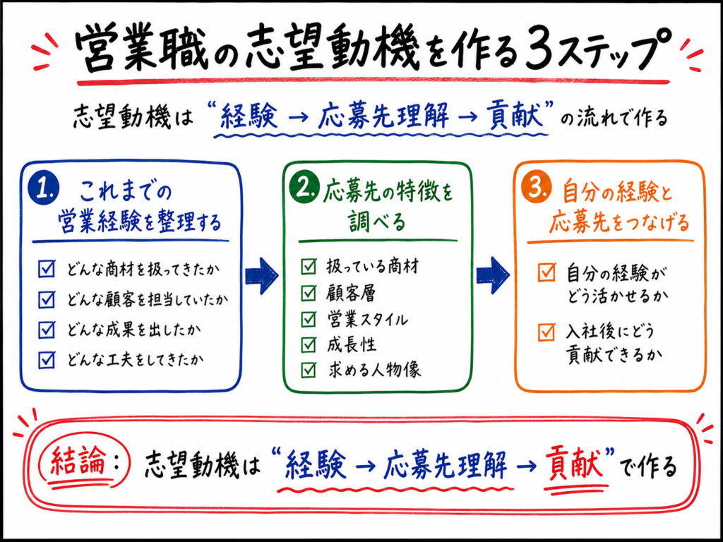 営業職の志望動機を作る3ステップとして、これまでの営業経験を整理する、応募先の特徴を調べる、自分の経験と応募先をつなげる流れを解説したホワイトボード風イラスト