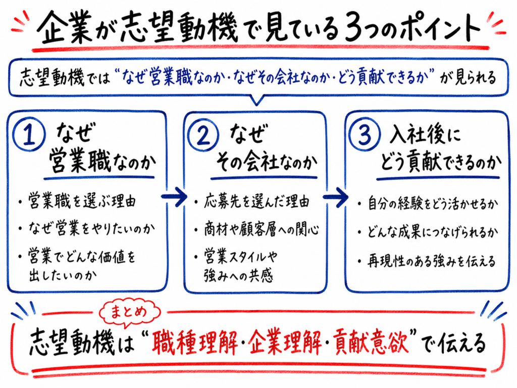 企業が営業職の志望動機で見ている3つのポイントとして、なぜ営業職なのか、なぜその会社なのか、入社後にどう貢献できるのかを解説したホワイトボード風イラスト