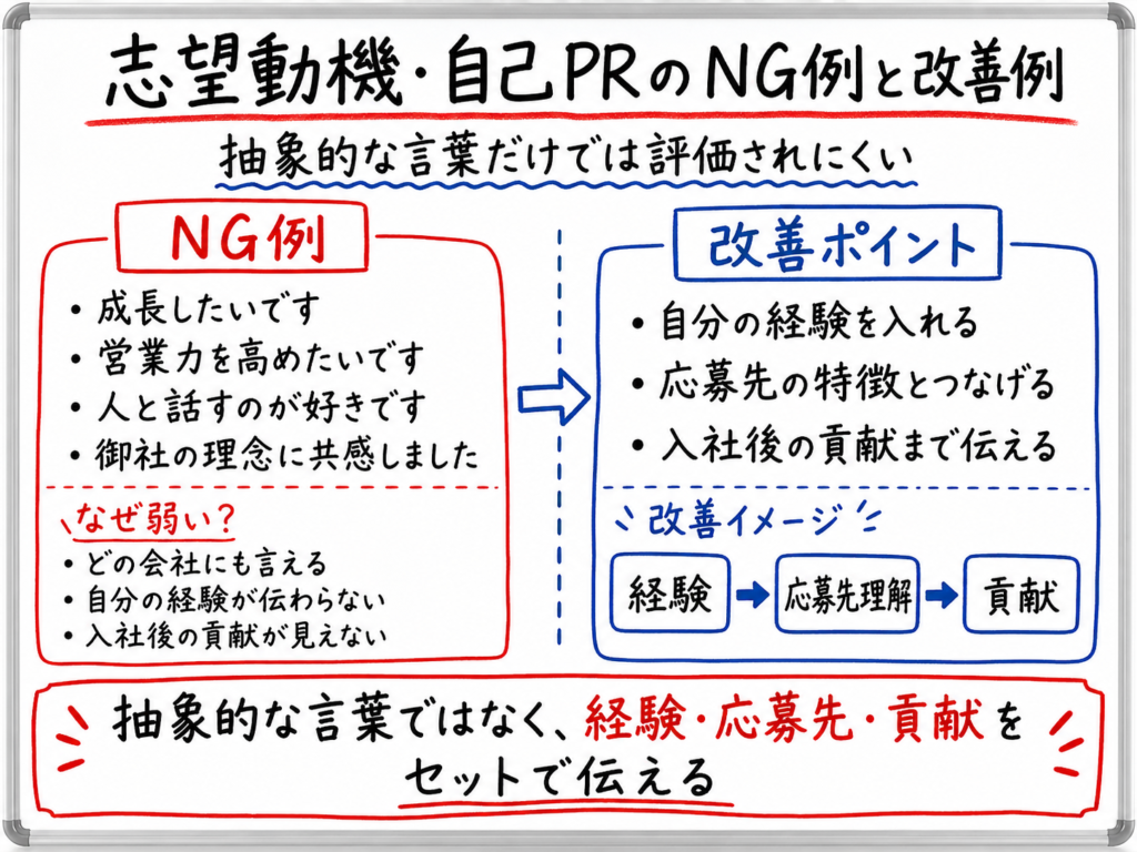 志望動機・自己PRのNG例と改善例を、抽象的な言葉ではなく経験・応募先・貢献をセットで伝える方法として解説したホワイトボード風イラスト