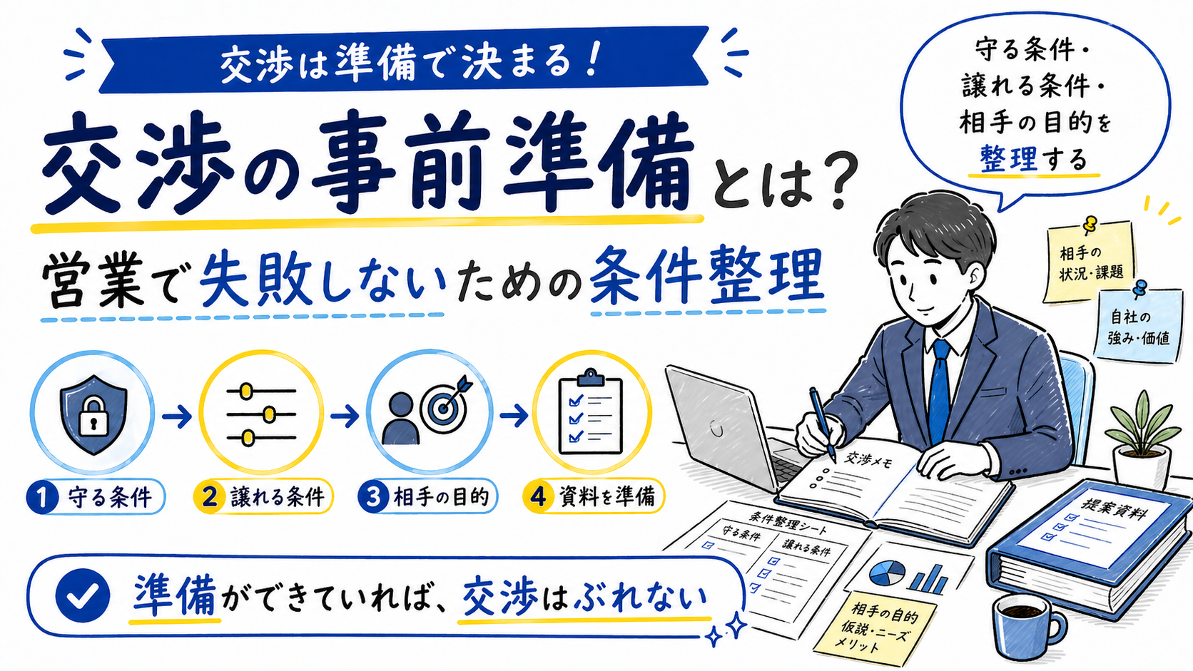 営業交渉で失敗しないための事前準備と条件整理を解説したホワイトボード風イラスト