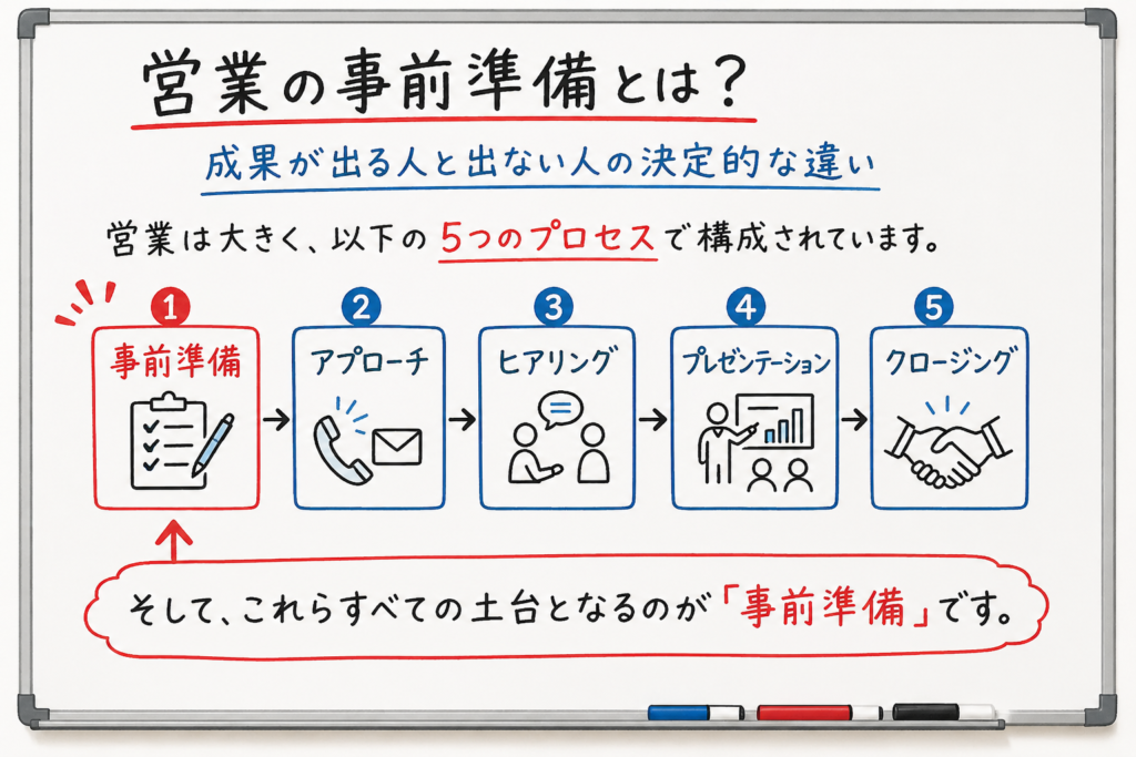 営業の事前準備からクロージングまでの5つのプロセスと、事前準備がすべての土台であることを示した図解