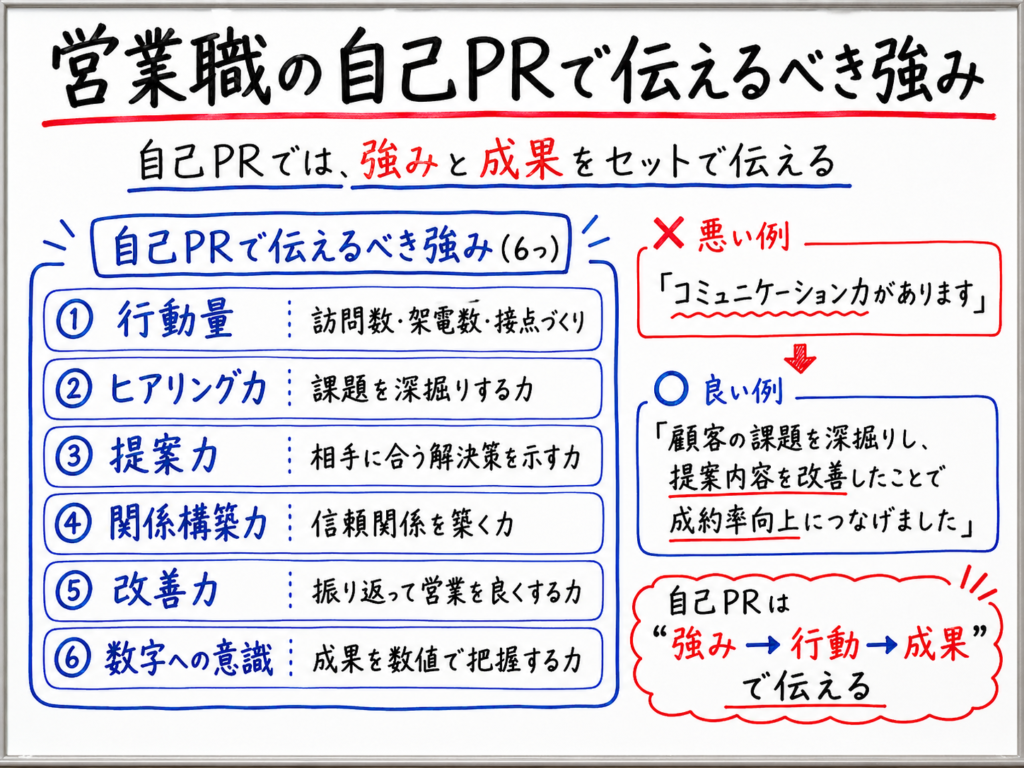 営業職の自己PRで伝えるべき強みとして、行動量、ヒアリング力、提案力、関係構築力、改善力、数字への意識を解説したホワイトボード風イラスト
