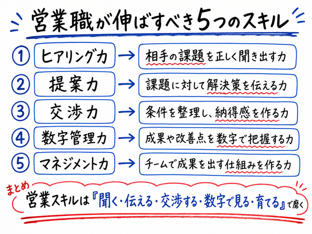 営業職が伸ばすべき5つのスキルとして、ヒアリング力、提案力、交渉力、数字管理力、マネジメント力を整理したホワイトボード風イラスト
