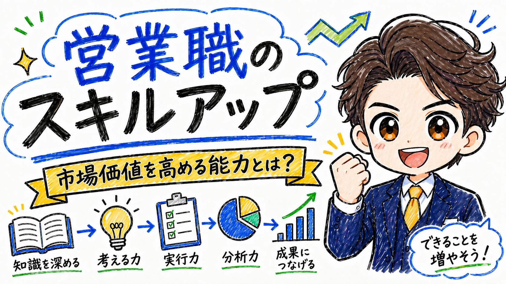 営業職のスキルアップ方法と市場価値を高める能力を解説したホワイトボード風イラスト
