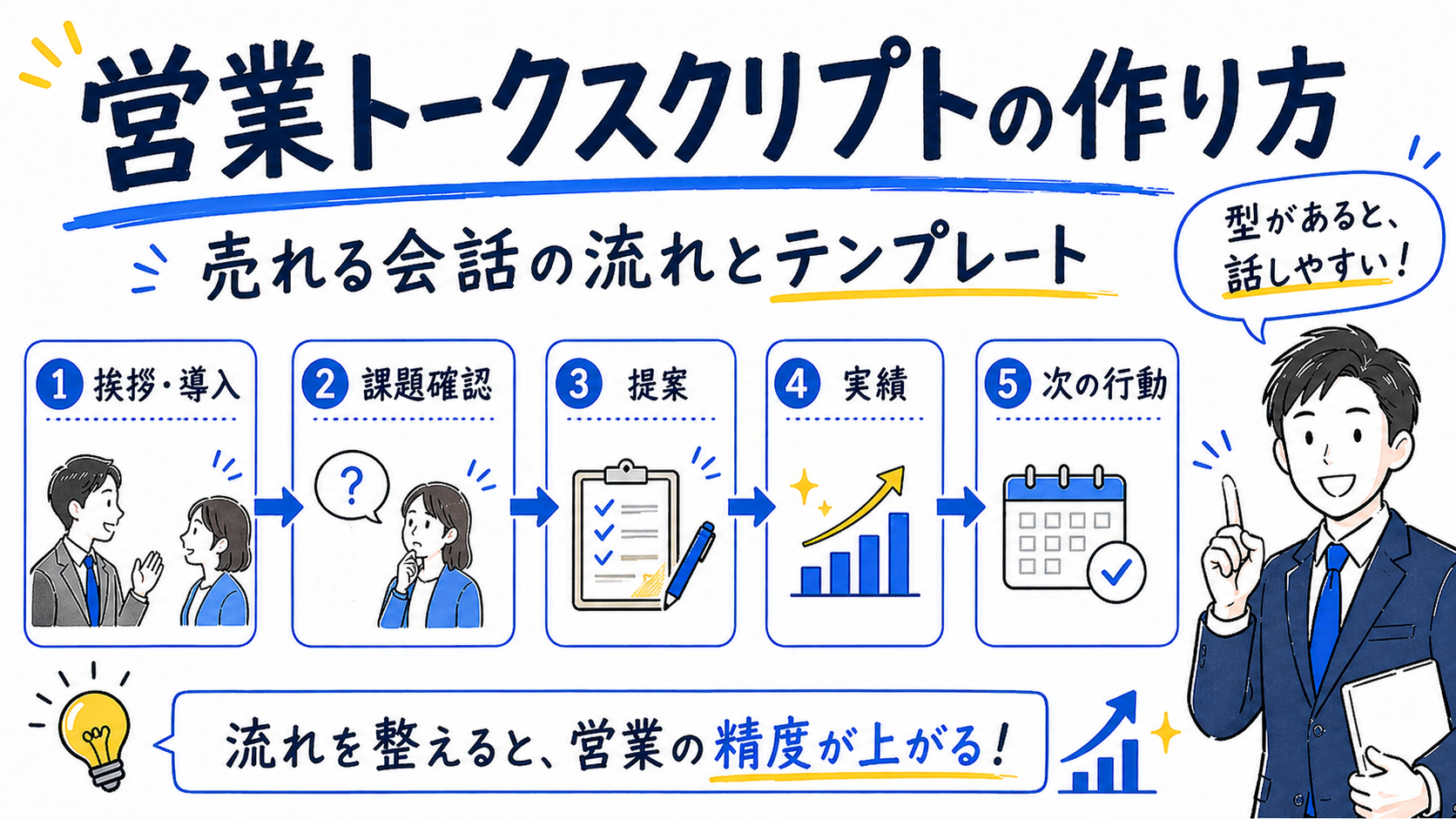営業トークスクリプトの作り方をホワイトボード風で解説した図解イラスト