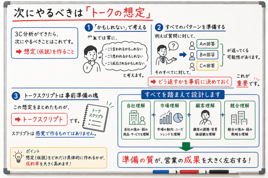 営業におけるトークの想定と仮説構築の重要性、複数パターンへの対応とトークスクリプト設計の流れを示した図解