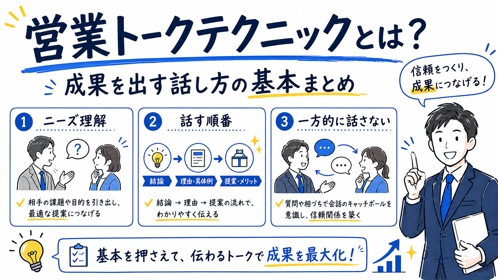 営業のトークテクニックの全体像をホワイトボード風で整理した図解