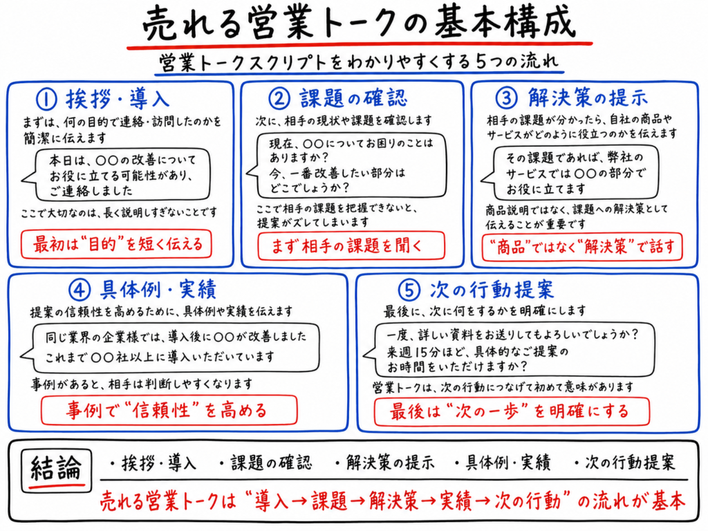 売れる営業トークの基本構成を、挨拶・導入、課題の確認、解決策の提示、具体例・実績、次の行動提案の5つの流れで解説したホワイトボード風イラスト