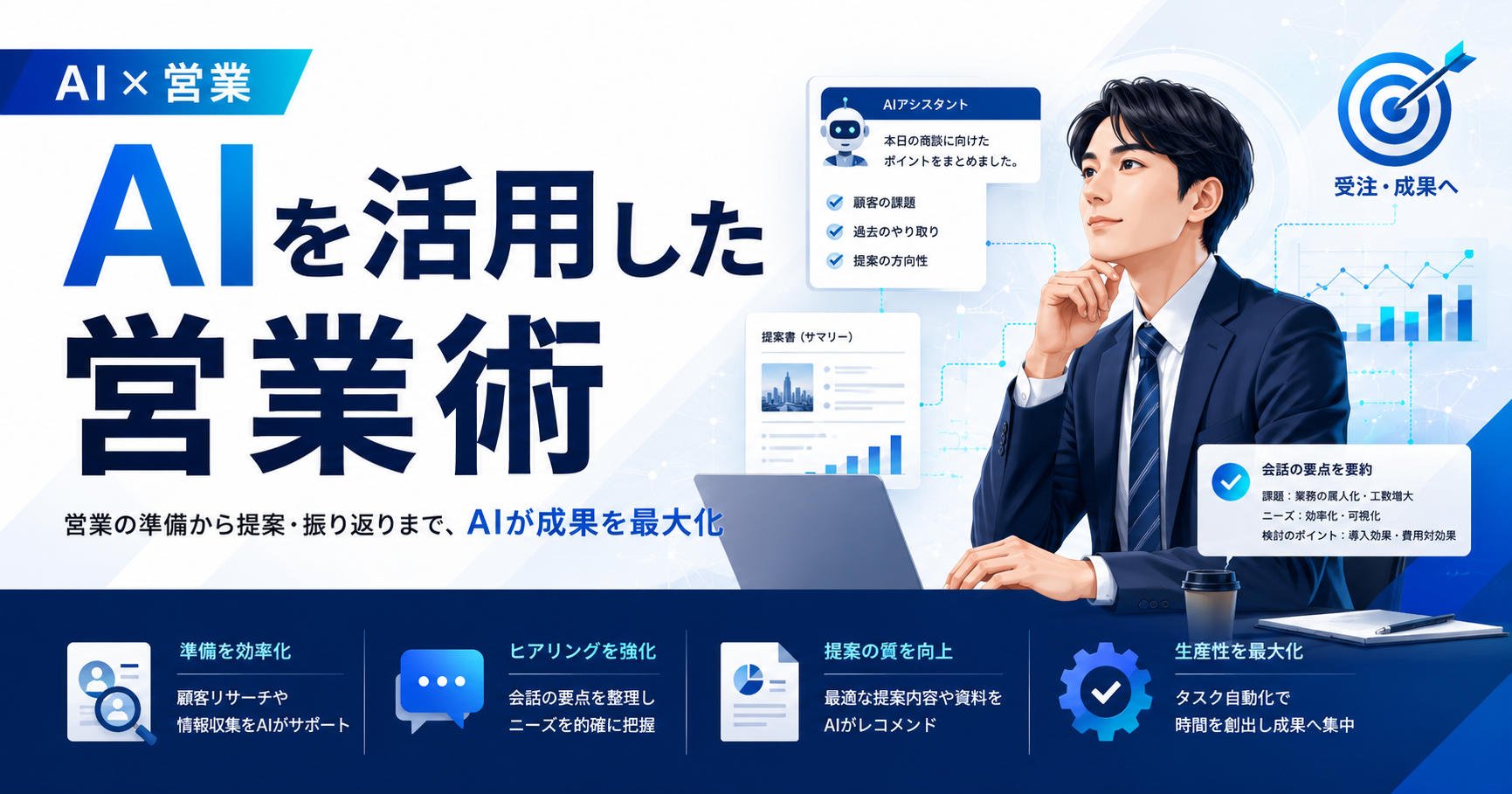 AIを活用した営業術をテーマに、営業準備・ヒアリング・提案作成・業務効率化をAIで支援する様子を表したアイキャッチ画像