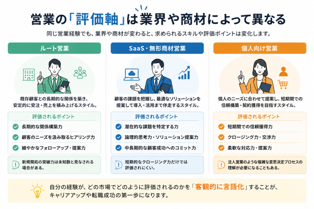 営業職の市場価値はルート営業、SaaS営業、個人向け営業など業界や商材によって評価軸が異なることを示した図解